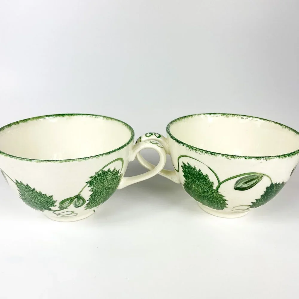 Poole Pottery Green Leaf Breakfast Cup and Saucer 2 sets